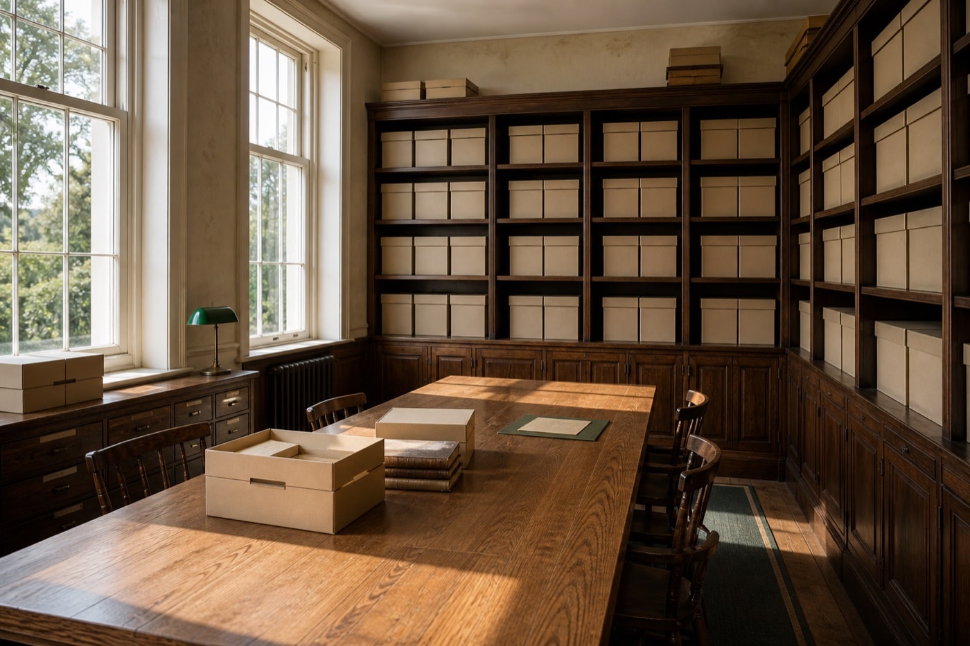 Quiet county archive reading room with shelves and a wooden study table