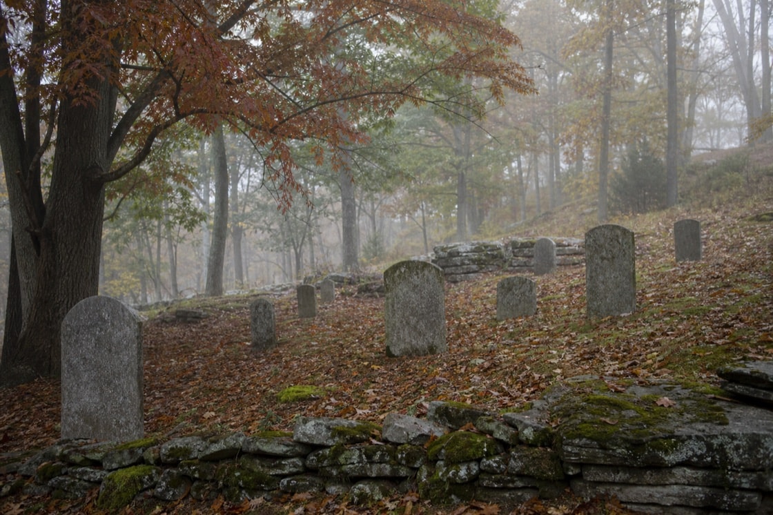 Quiet hillside cemetery with weathered markers among mature trees