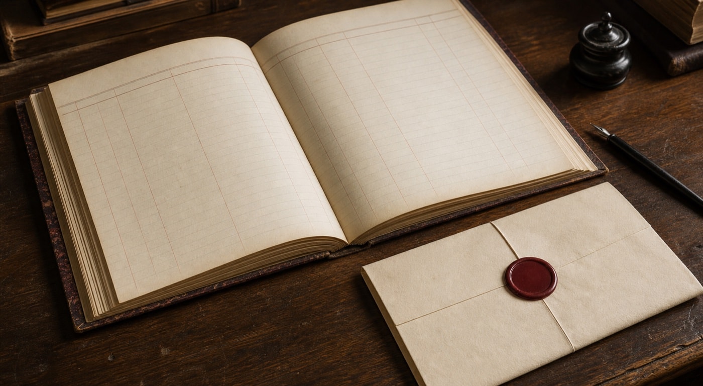 Historic marriage register and bond papers arranged on a wooden desk