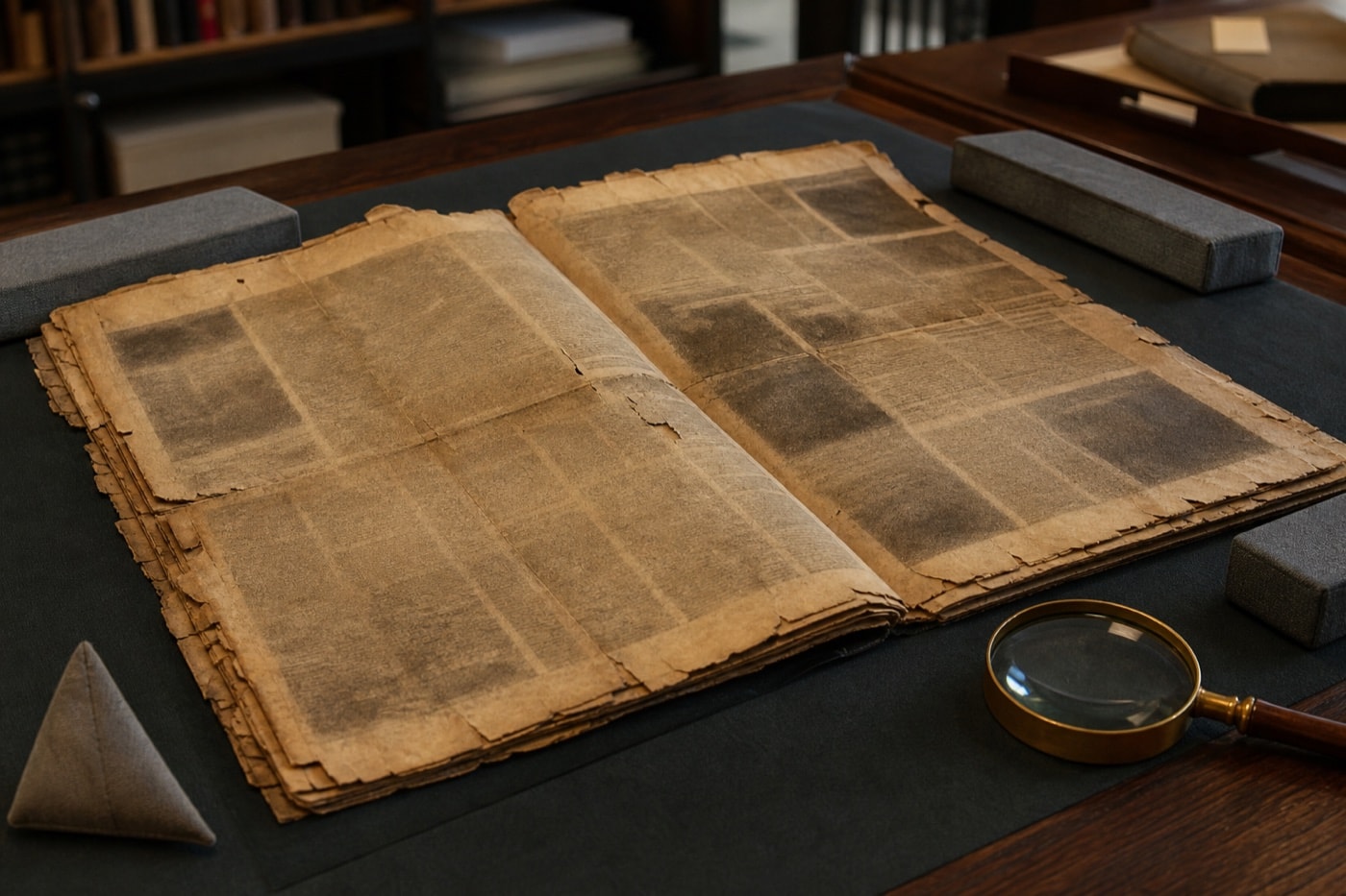 Historic newspaper pages being studied on a conservation desk