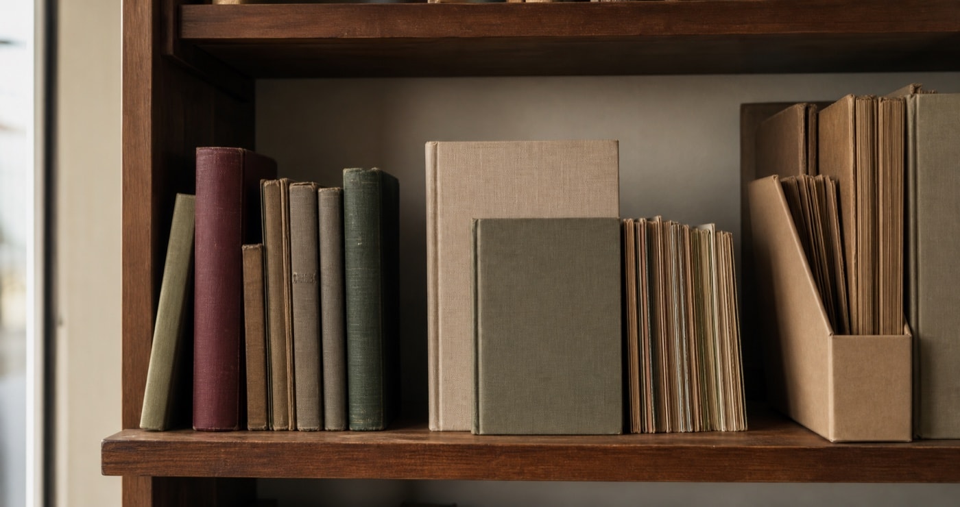 Local history volumes and archival folders on a library shelf