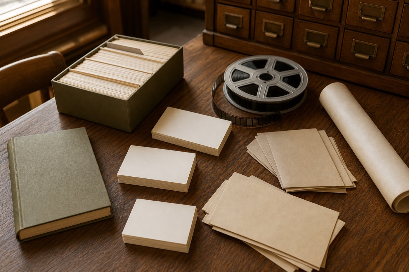 Archive table arranged with maps, microfilm, catalog cards, and record folders